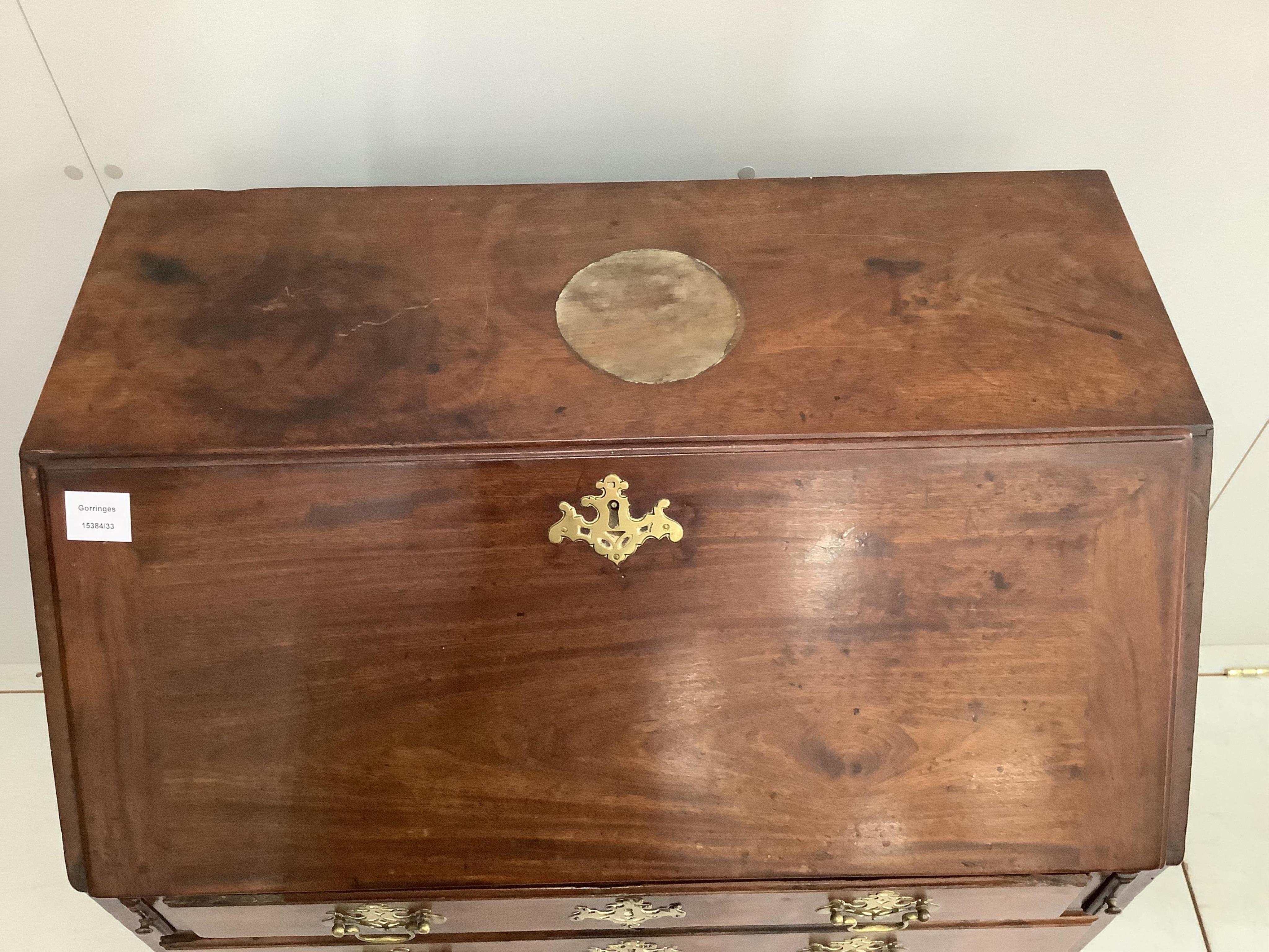 A small George III mahogany bureau, width 76cm, depth 46cm, height 100cm. Condition - fair